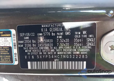 2022 Kia Telluride Sx z USA, uszkodzony, nr VIN 5XYP54HC7NG322285